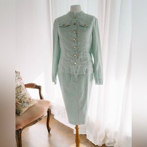 90s vintage baby blue linen jacket and skirt set by Pomodoro